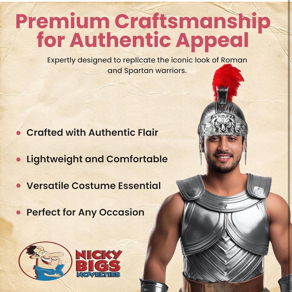 NWT Nicky Bigs Adult Roman Helmet W/Red Fake Feather Plume Greek Gladiator - Picture 4 of 8
